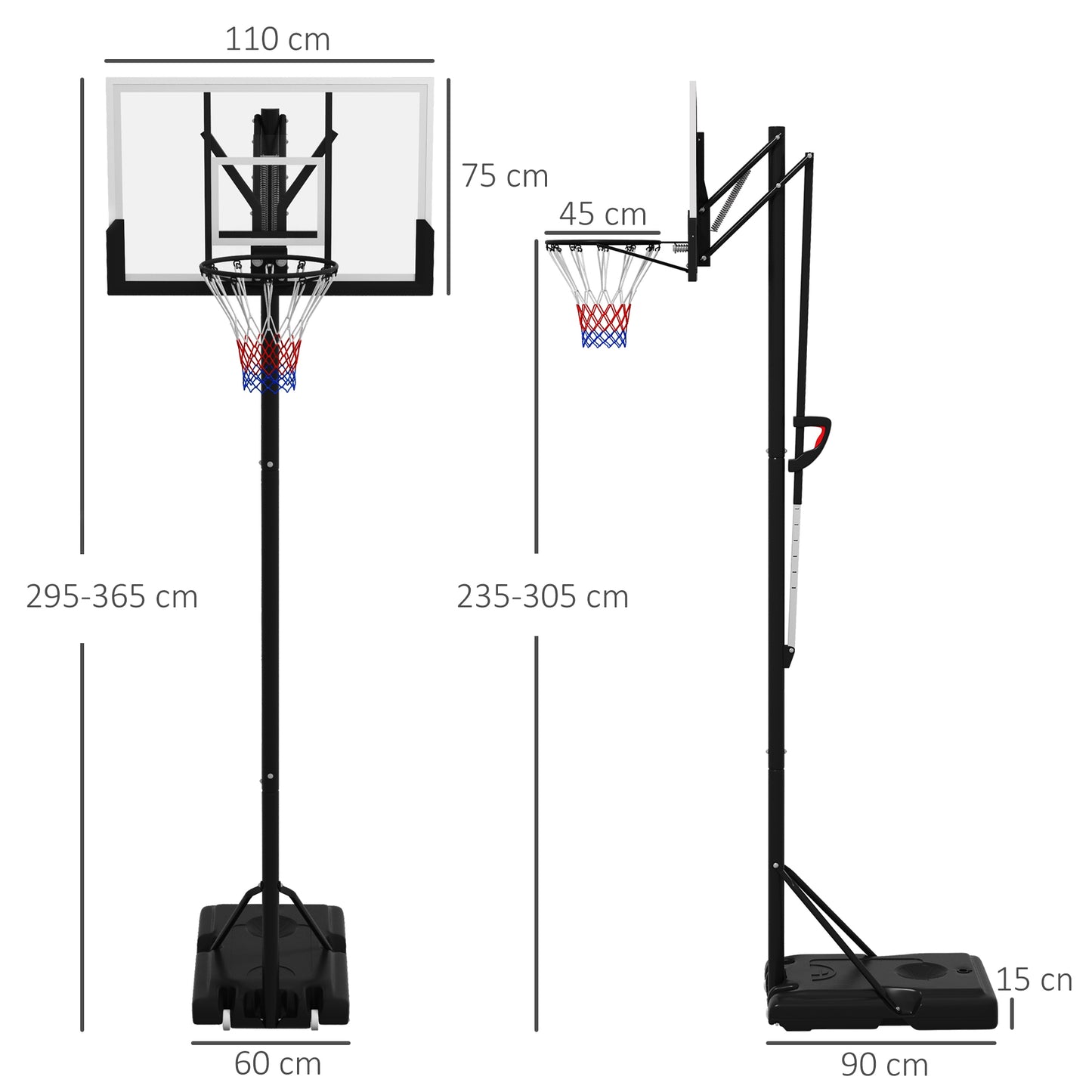 2.35-3.05m Basketball Hoop and Stand with Weighted Base and Wheels