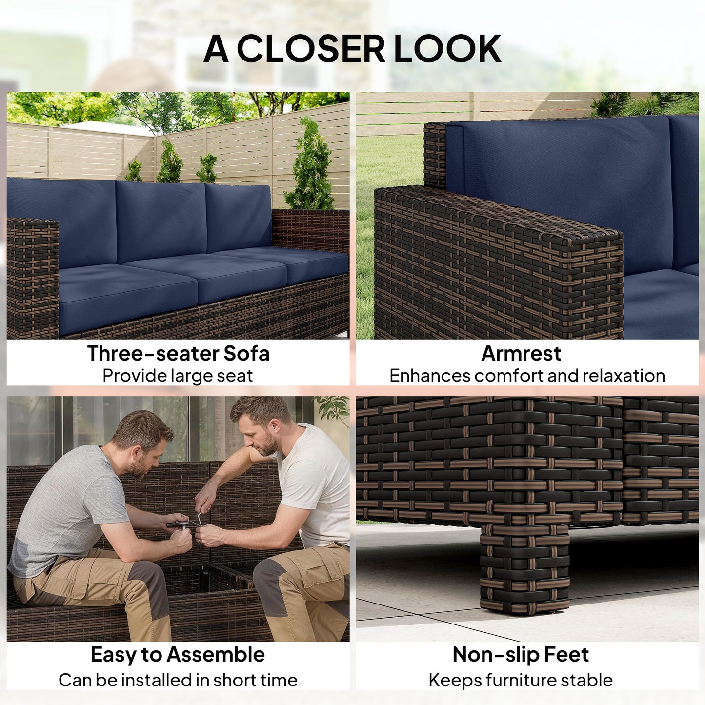 Rattan Wicker 3-seater Sofa Chair Patio Furniture, Dark Blue