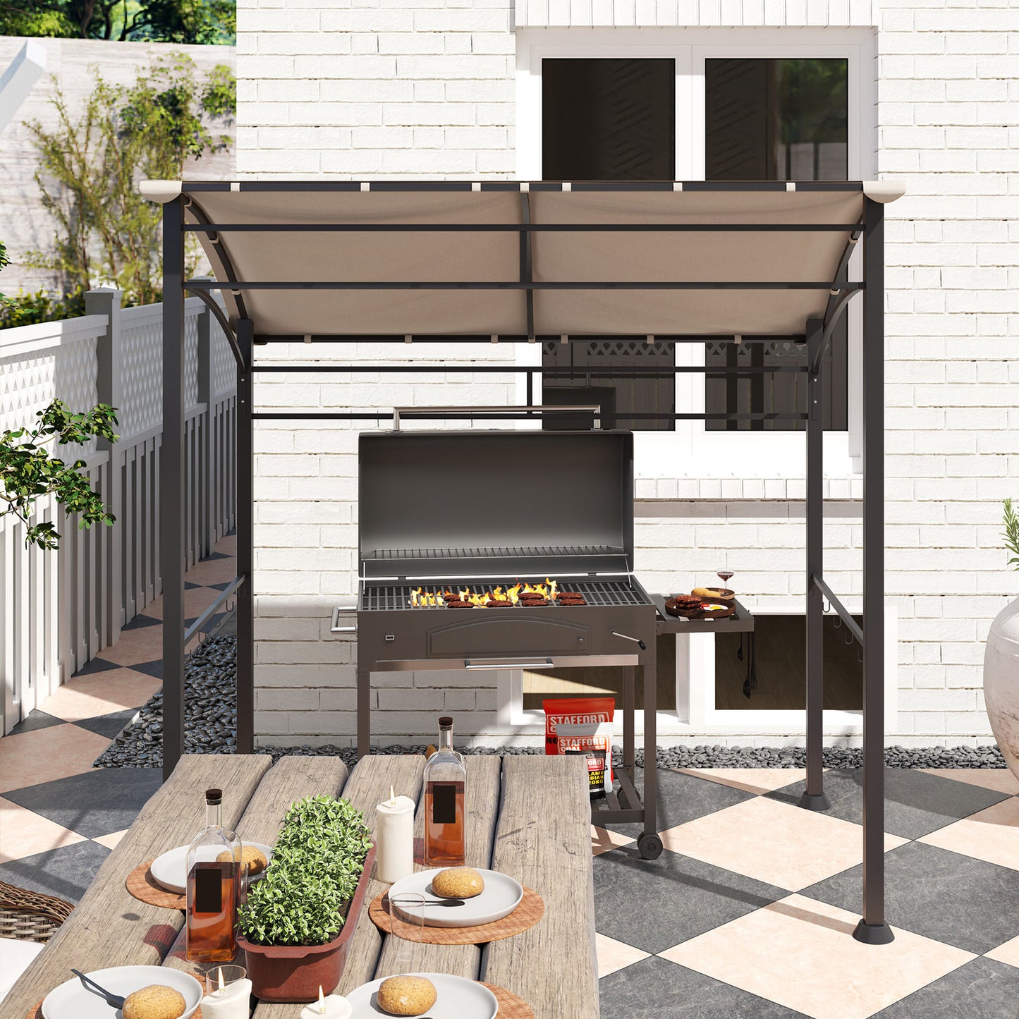 2.2 x 1.5 m BBQ Gazebo Tent Sun Shade with Canopy, Khaki