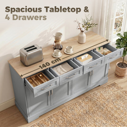 Sideboard with 4 Drawers, 4 Doors and 2 Adjustable Shelves, Grey