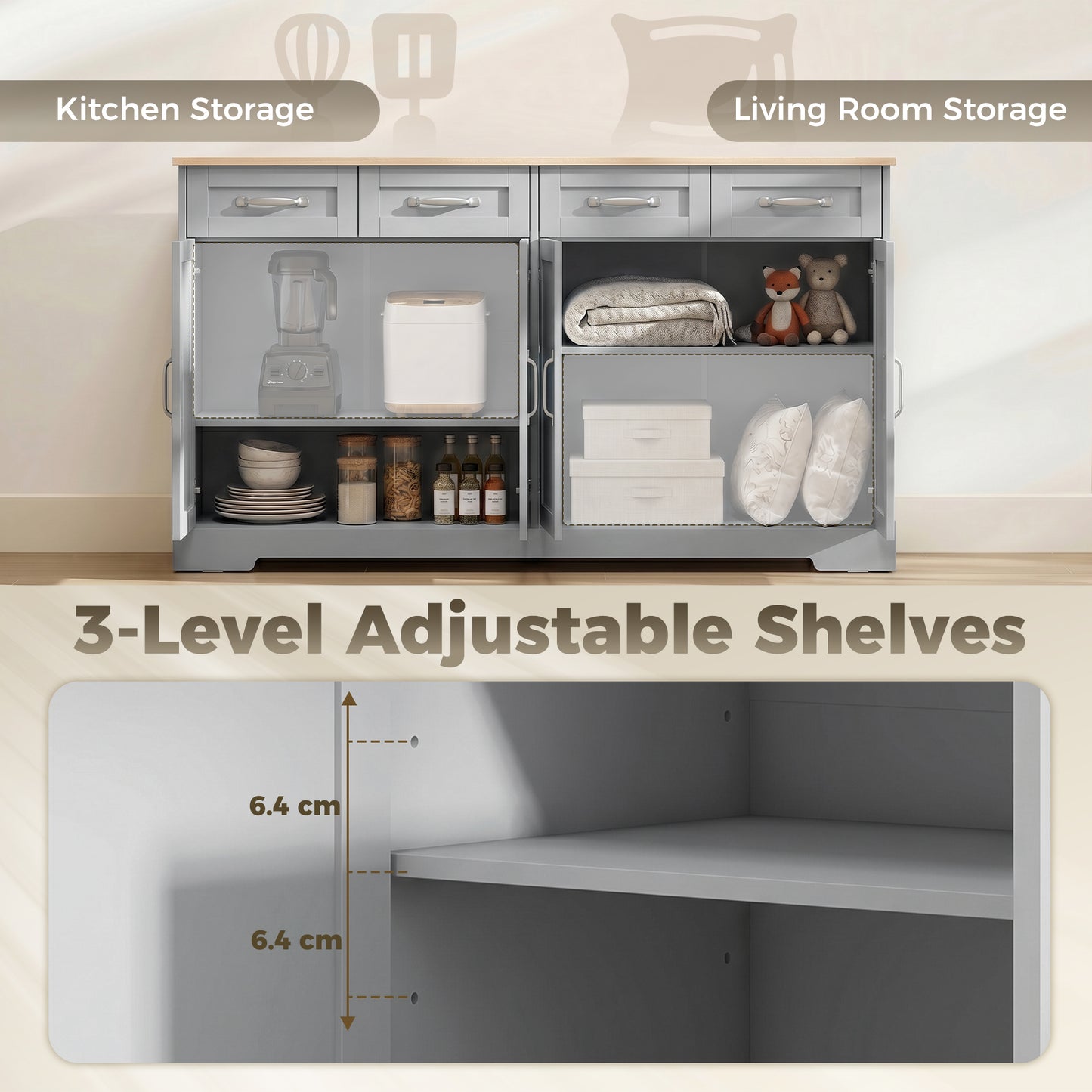 Sideboard with 4 Drawers, 4 Doors and 2 Adjustable Shelves, Grey