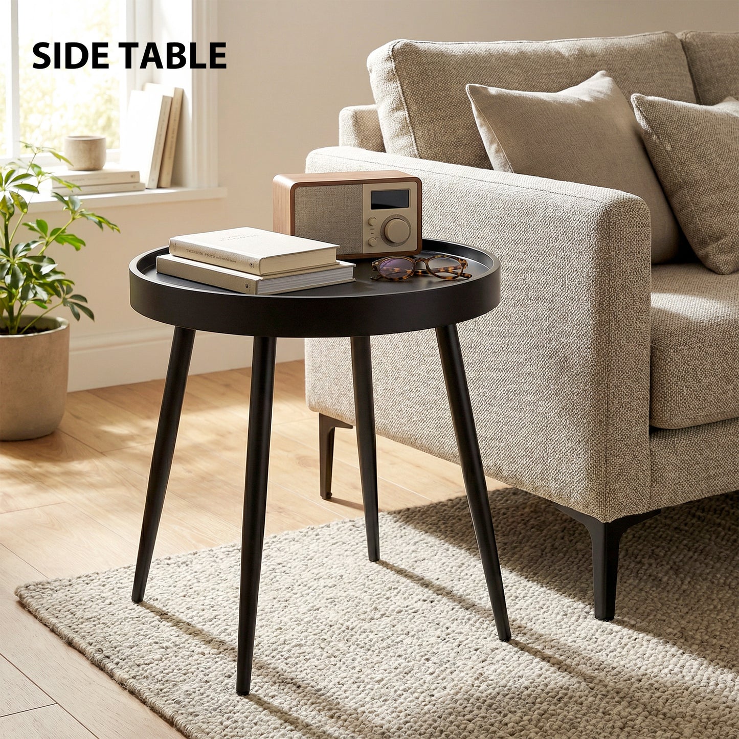 49.5 cm Round Garden Table, Small Outdoor Coffee Side Table with Plastic Tray-Style Top, Metal Legs, Garden Tables for Indoor, Patio, Porch, Balcony, Black