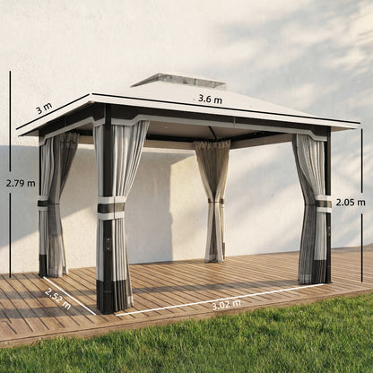 3 x 3.6 m Outdoor Garden Gazebo with Netting, Curtains, Light Grey