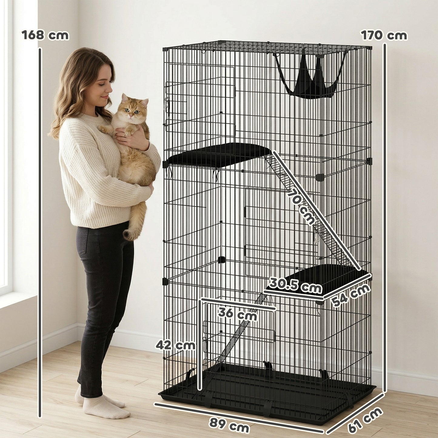 3-Tier Large Cat Cage Indoor, Detachable Metal Wire Kennel with Hammock, Platforms, Bottom Tray and Cushions, Large Exercise Place with Ladders and 3 Front Doors for 1-2 Kittens, Black