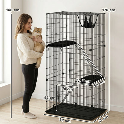 3-Tier Large Cat Cage Indoor, Detachable Metal Wire Kennel with Hammock, Platforms, Bottom Tray and Cushions, Large Exercise Place with Ladders and 3 Front Doors for 1-2 Kittens, Black