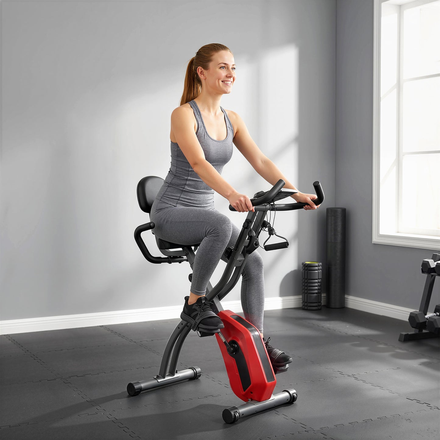 3-In-1 Folding Exercise Bike with Resistance Bands, Indoor Stationary Bike with Bluetooth App, Quiet 8-Level Magnetic Resistance, LCD Display, Pulse Sensor, Adjustable Seat, Wheels, Red