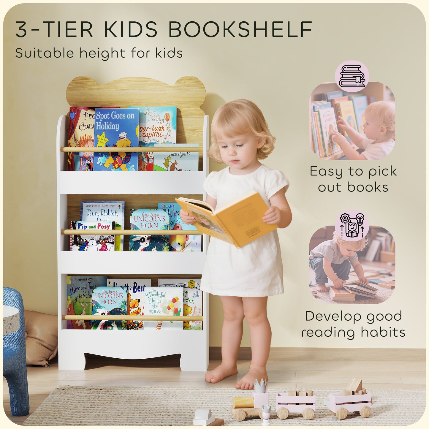 3 Tier Kids Bookshelf Bear Theme Children Bookcase