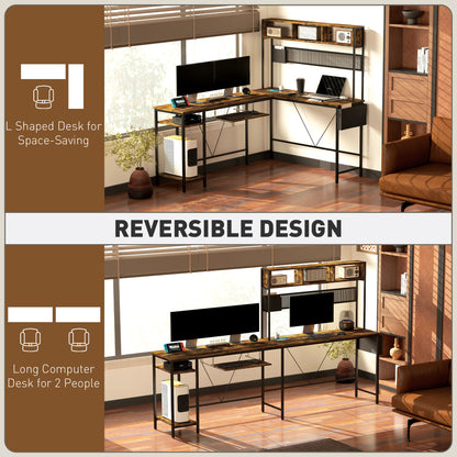 Reversible Corner Desk w/ USB Port, Long Computer Desk for 2 Person