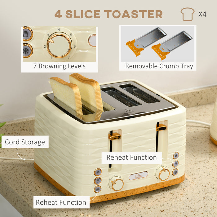 3000W 1.7L Rapid Boil Kettle & 4 Slice Toaster, Kettle and Toaster Set with 7 Browning Controls and Crumb Tray, Beige