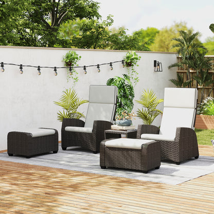 5 PCs Rattan Garden Furniture Set with Reclining Chairs, Brown