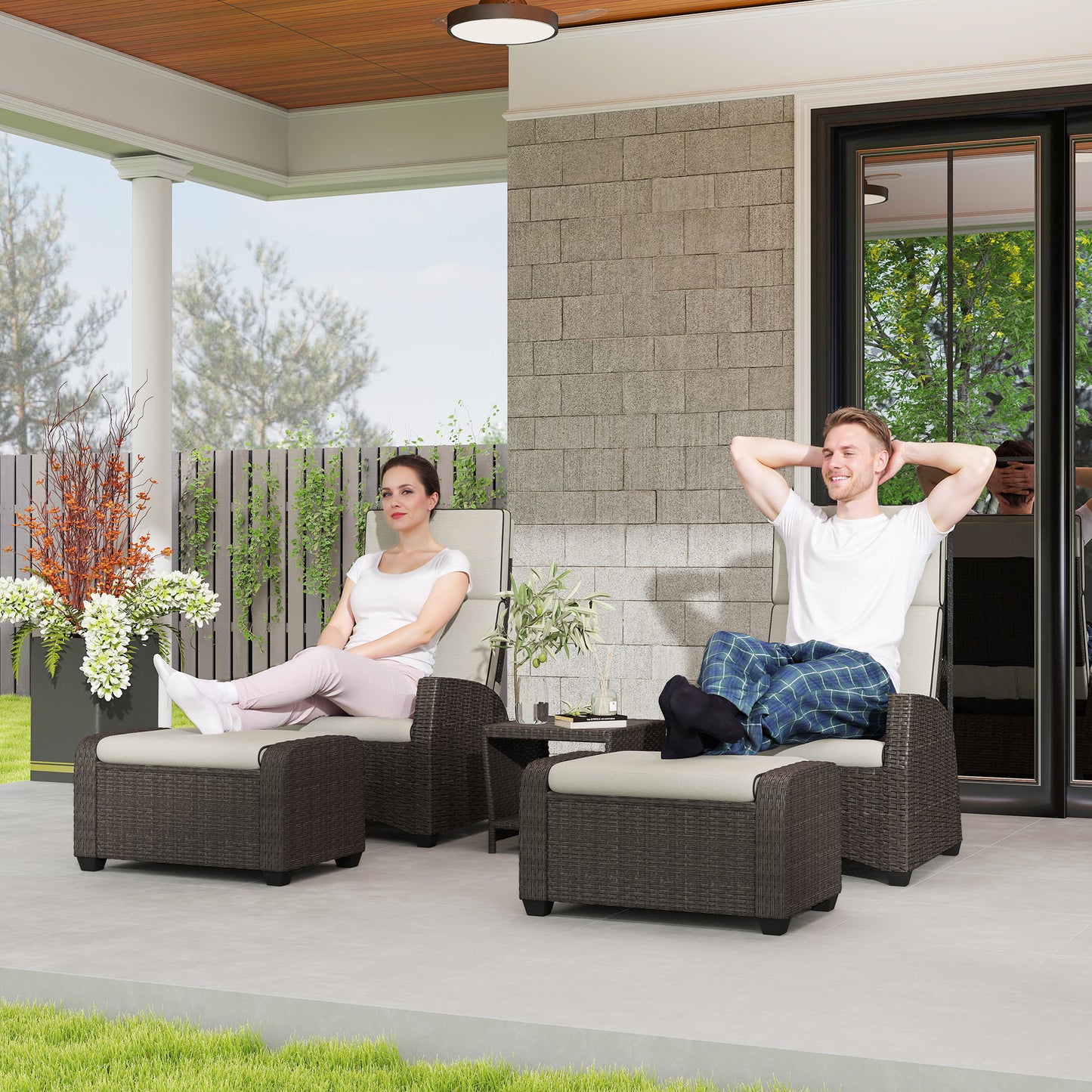 5 PCs Rattan Garden Furniture Set with Reclining Chairs, Brown