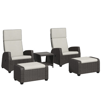 5 PCs Rattan Garden Furniture Set with Reclining Chairs, Brown