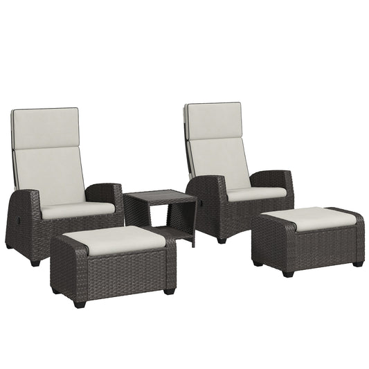 5 PCs Rattan Garden Furniture Set with Reclining Chairs, Brown
