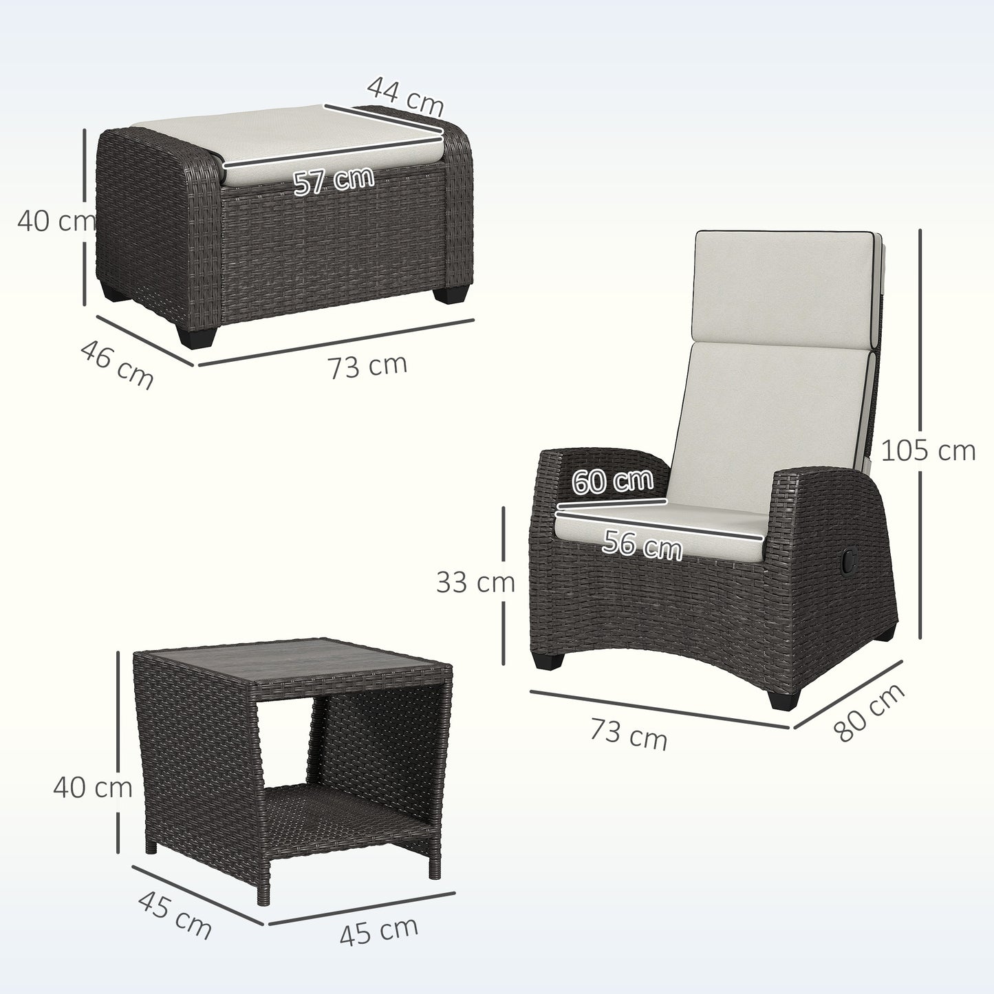 5 PCs Rattan Garden Furniture Set with Reclining Chairs, Brown