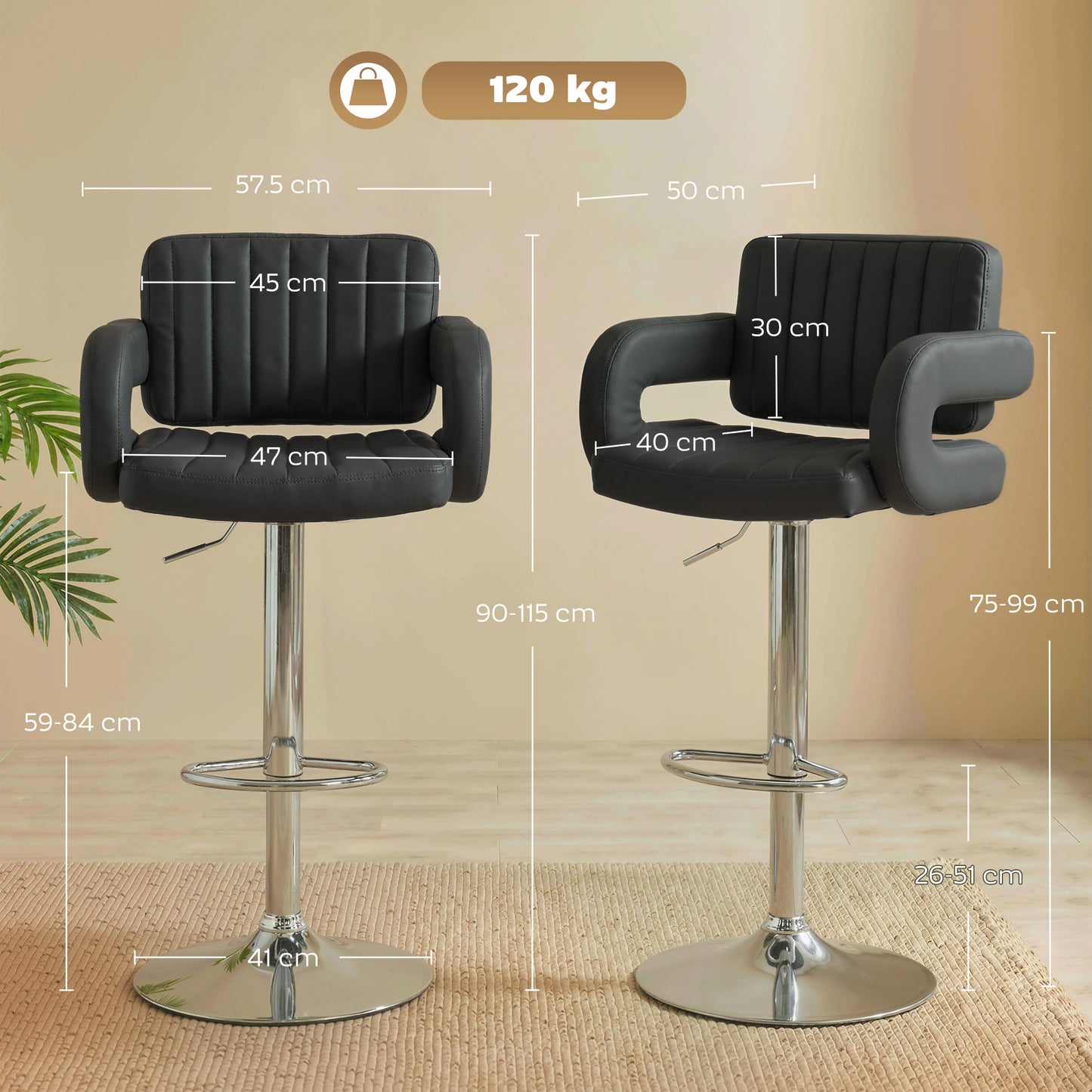 Bar Stools Adjustable Swivel with Armrest Set of 2 Black