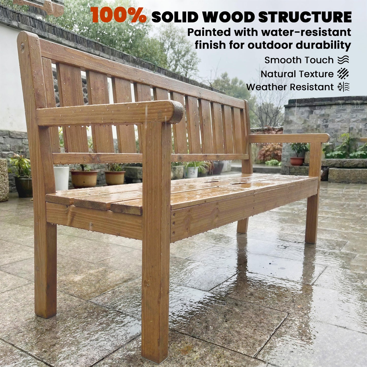 Wooden Garden Loveseat Bench with Table and Hidden Shelf, Teak