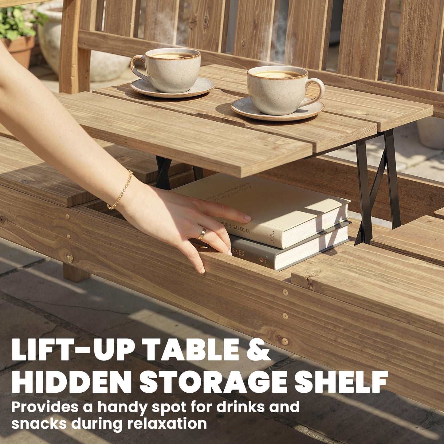 Wooden Garden Loveseat Bench with Table and Hidden Shelf, Teak