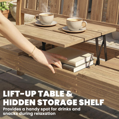 Wooden Garden Loveseat Bench with Table and Hidden Shelf, Teak