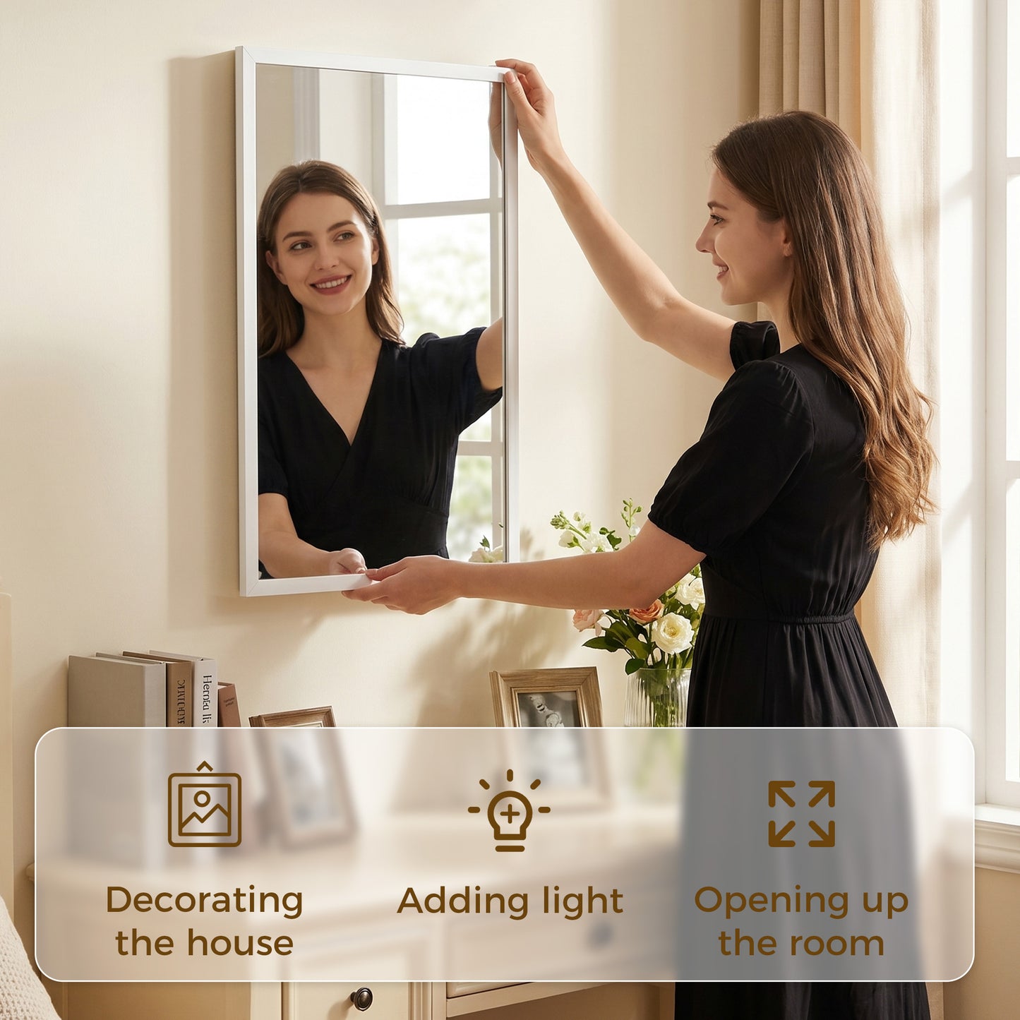 Decorative Rectangular Wall Mirror, 70 x 50 cm Wall-Mounted Bathroom Mirror for Living Room, Bedroom, Hallway, White