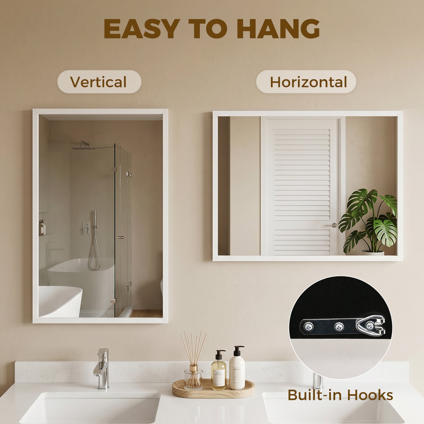 Decorative Rectangular Wall Mirror, 70 x 50 cm Wall-Mounted Bathroom Mirror for Living Room, Bedroom, Hallway, White