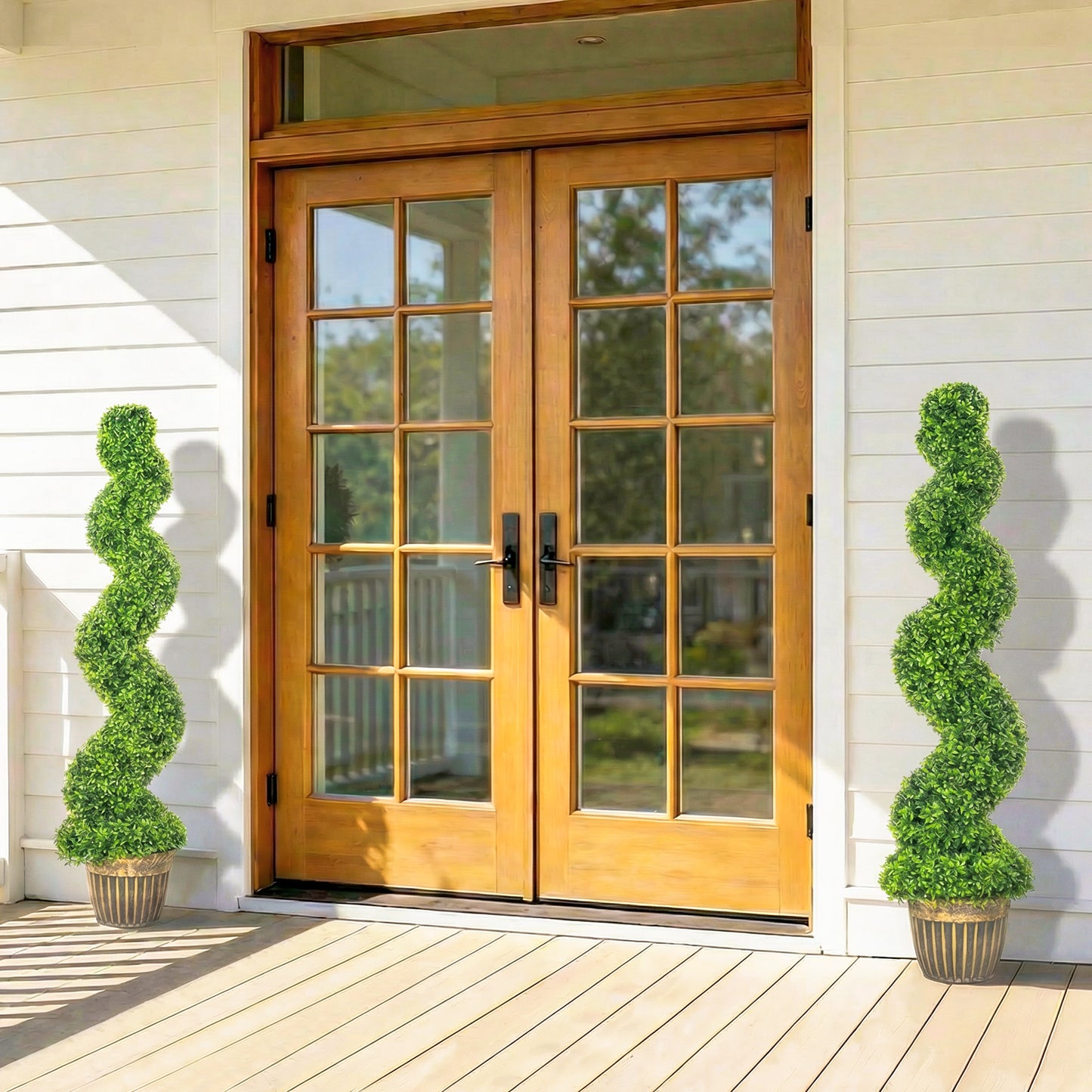 Set of 2 Potted Artificial Plants, Topiary Spiral Boxwood Trees