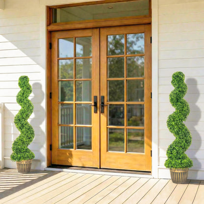 Set of 2 Potted Artificial Plants, Topiary Spiral Boxwood Trees