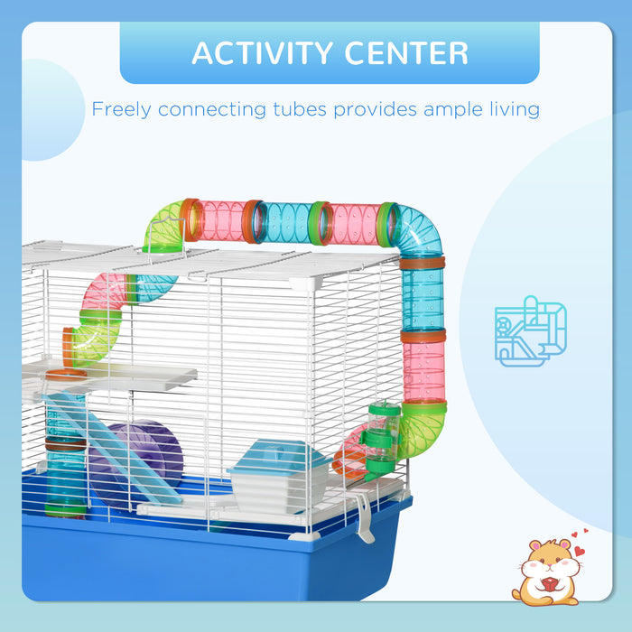 Large Hamster Cage, 3-Level Small Rodents House, with Tube Tunnel, Exercise Wheel, Water Bottle, Food Dish, Ramps, Hut, 59 x 36 x 47 cm, Blue