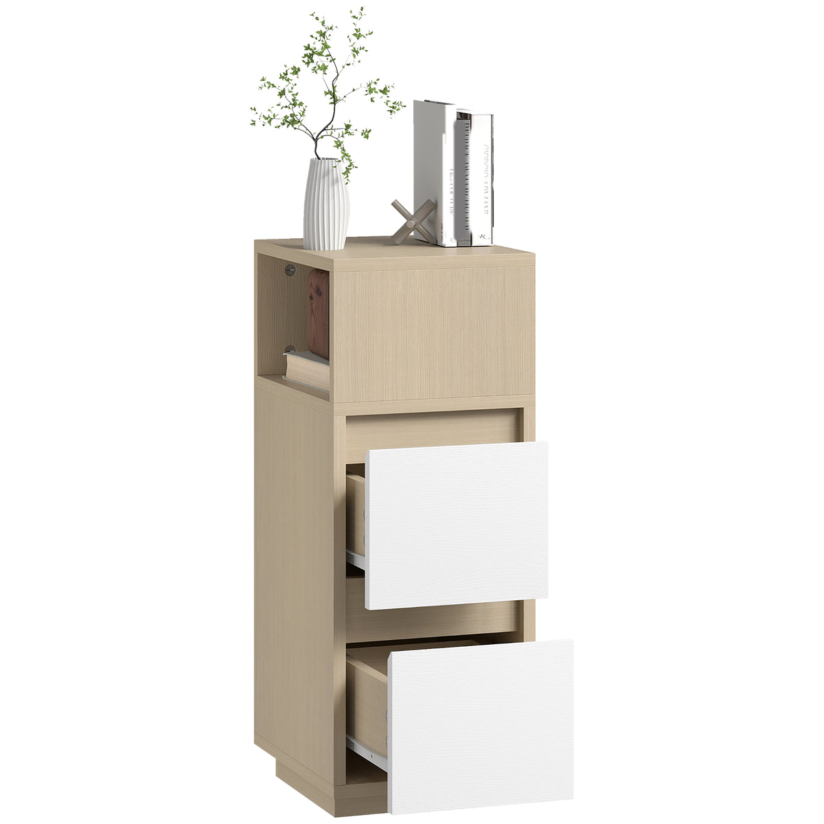 Slim Bedside Table, Bedside Cabinet with Open Shelf and 2 Drawers