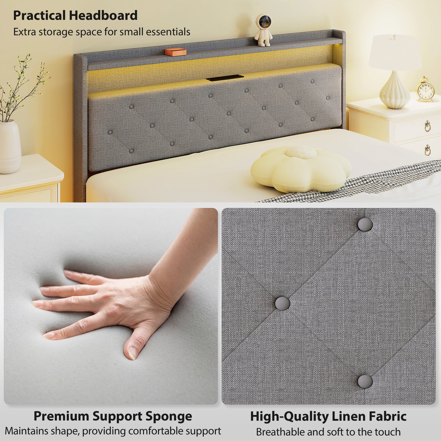 Floating Bed Frame with RGB Lights, Upholstered King Size Bed, Grey