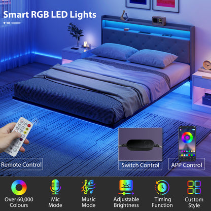 Floating Bed Frame with RGB Lights, Upholstered King Size Bed, Grey