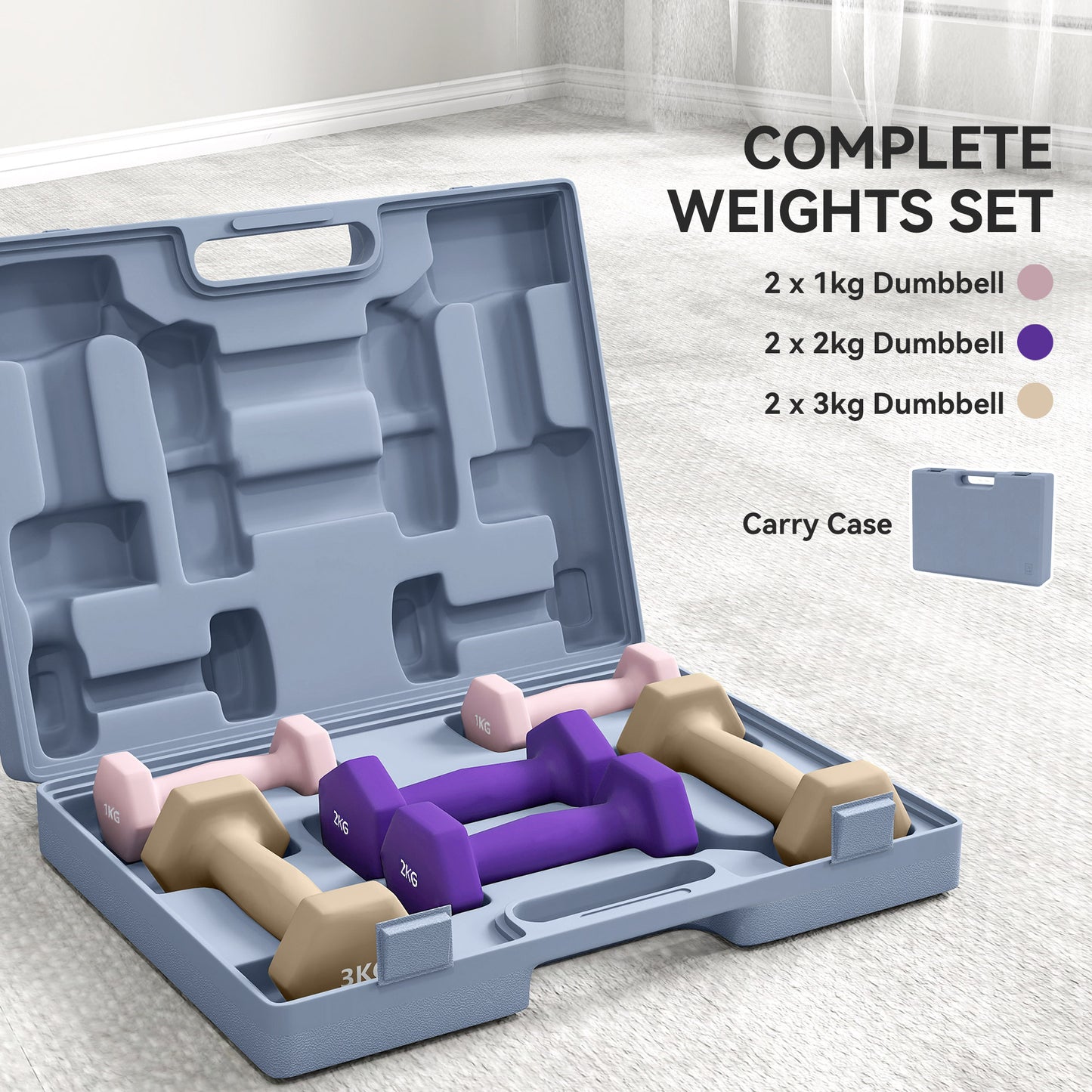 12kg Hex Dumbbells Set with Carry Case, 2 x 1kg, 2 x 2kg, 2 x 3kg