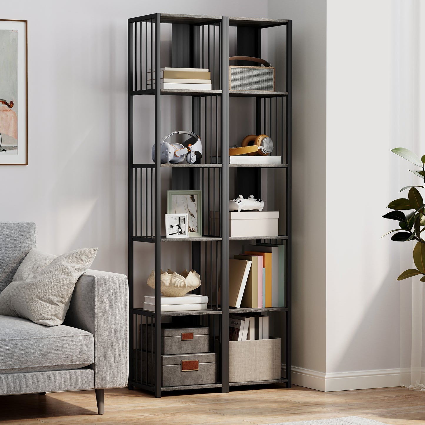 5-Tier Bookshelf, Freestanding Display Storage Unit, Grey
