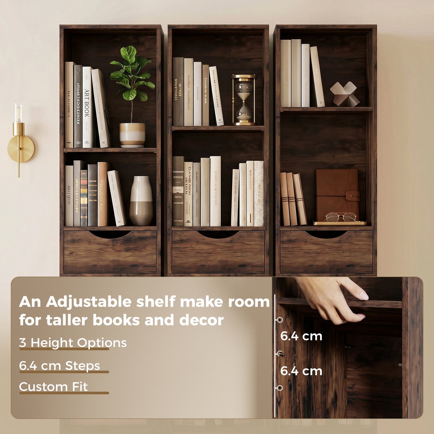 158 cm Bookcase with Drawers, 3-Tier Bookshelf, Slim Storage Cabinet with Doors, Adjustable Shelf for Living Room, Bedroom, Home Office, Rustic Brown