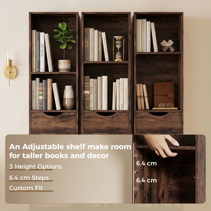 158 cm Bookcase with Drawers, 3-Tier Bookshelf, Slim Storage Cabinet with Doors, Adjustable Shelf for Living Room, Bedroom, Home Office, Rustic Brown