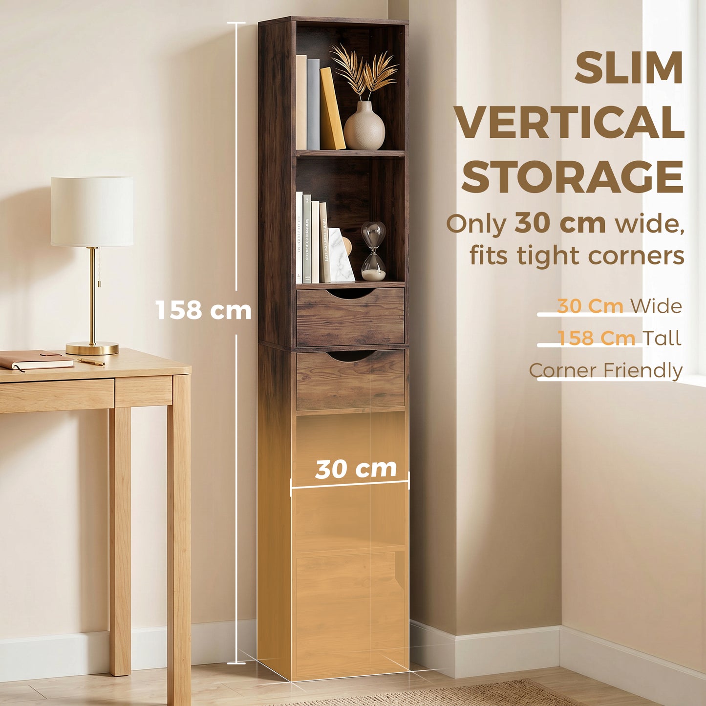 158 cm Bookcase with Drawers, 3-Tier Bookshelf, Slim Storage Cabinet with Doors, Adjustable Shelf for Living Room, Bedroom, Home Office, Rustic Brown