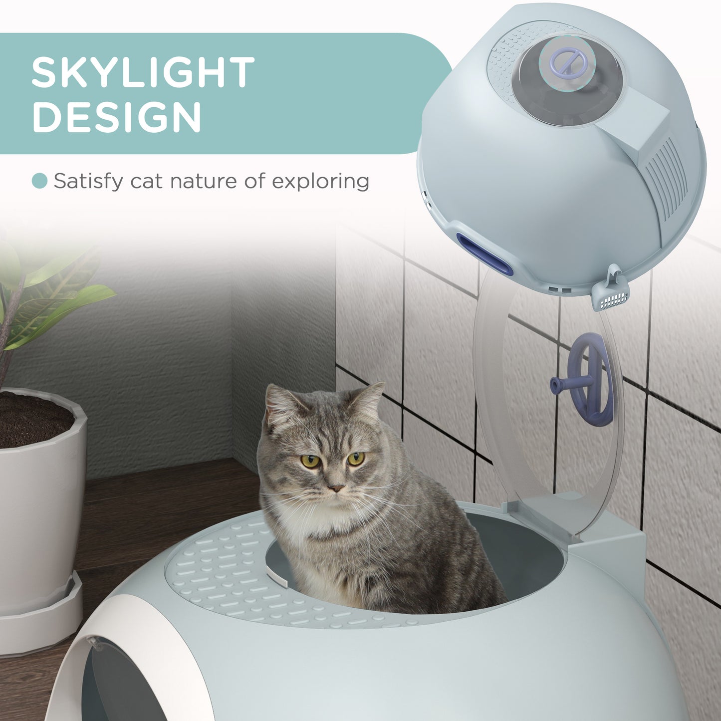 Cat Litter Box Toilet With Litter Scoop Enclosed Drawer Skylight Easy To Clean Blue