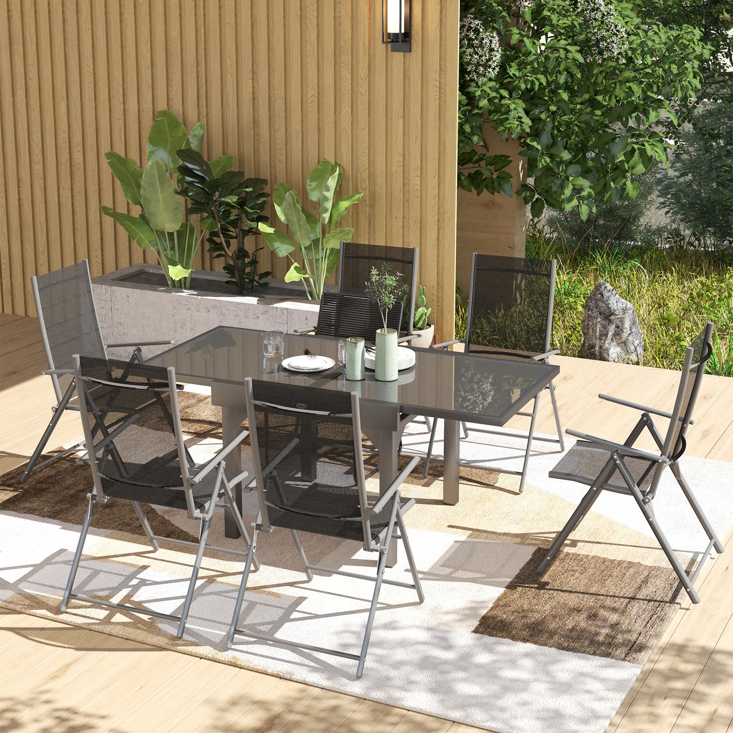 7 Piece Outdoor Dining Set w/ Extendable Table and 6 Folding Chairs