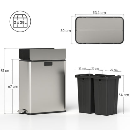 56L Dual Kitchen Bin with Removable Inner Buckets for Recycling and Waste