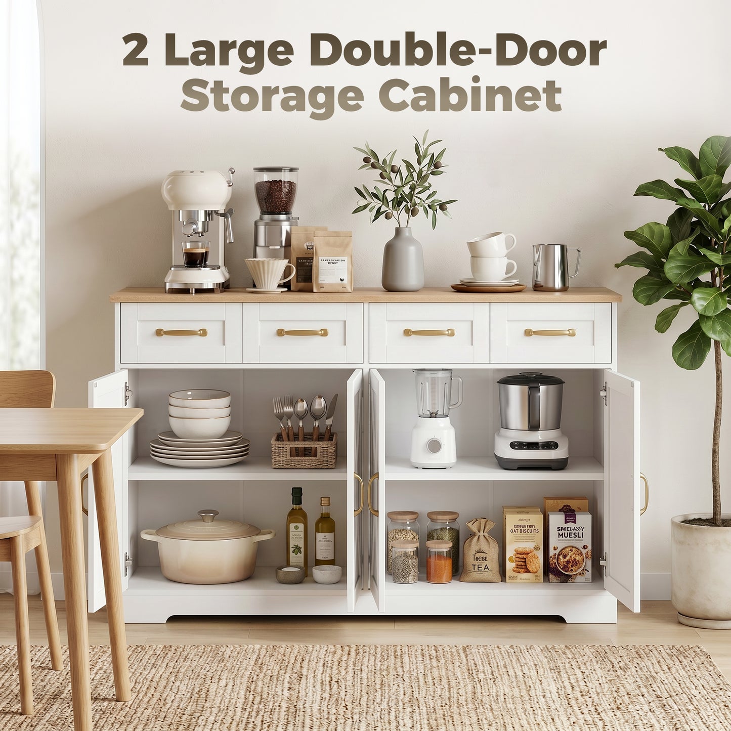Sideboard with 4 Drawers, 4 Doors and 2 Adjustable Shelves, White