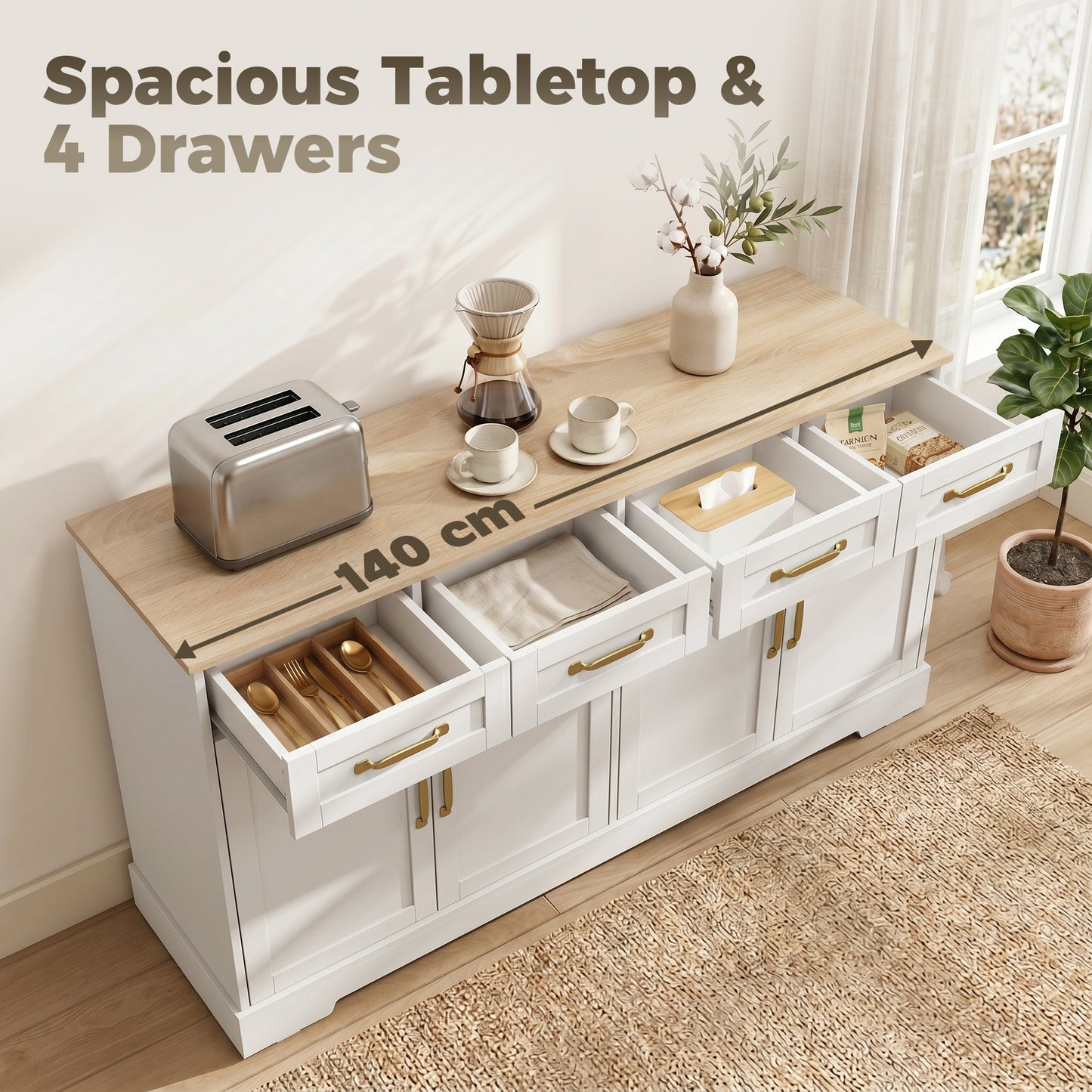 Sideboard with 4 Drawers, 4 Doors and 2 Adjustable Shelves, White