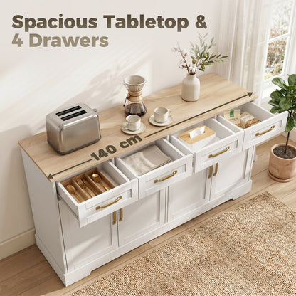 Sideboard with 4 Drawers, 4 Doors and 2 Adjustable Shelves, White