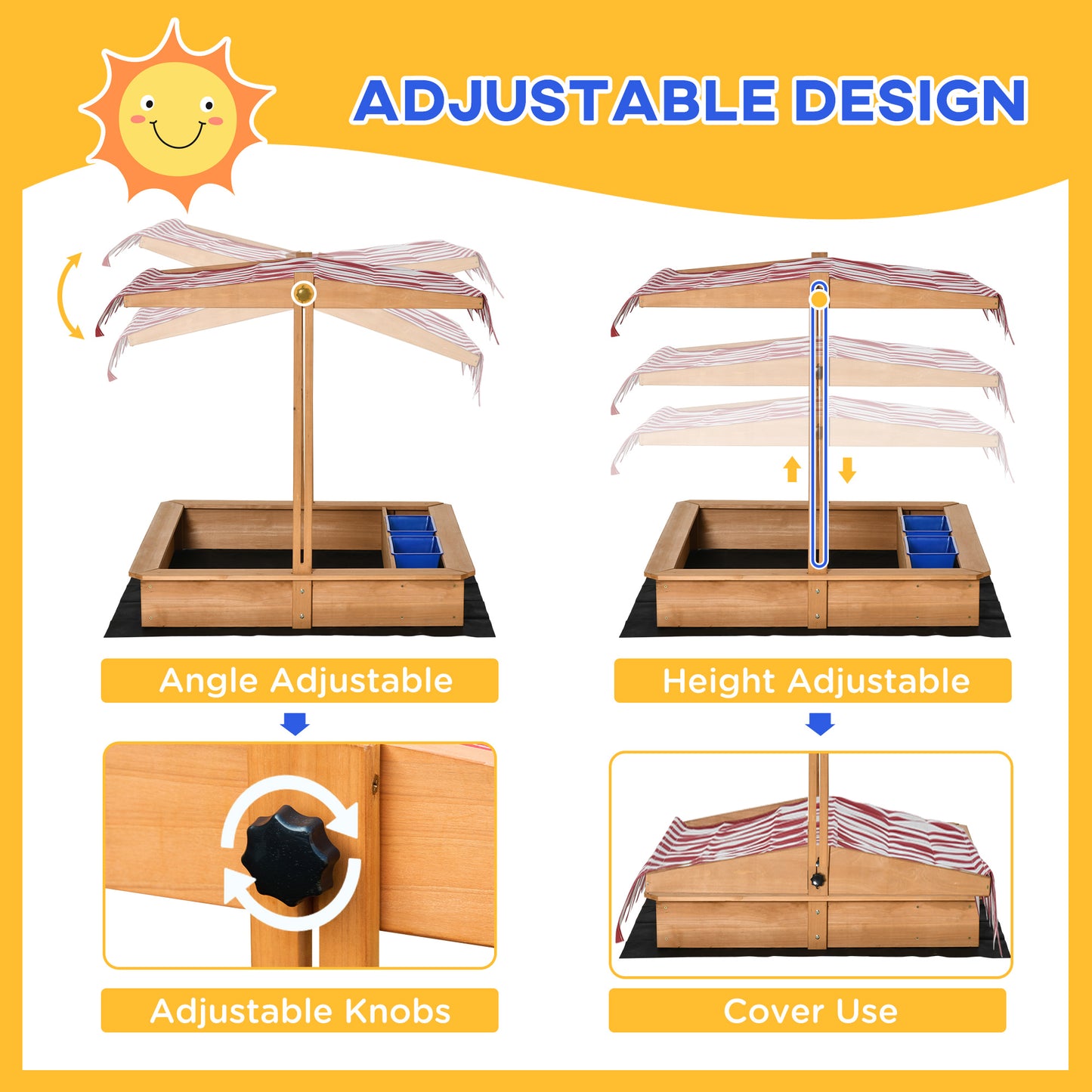 Kids Wooden Sandbox Sand Pit Height Adjustable with Canopy Basins