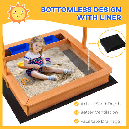 Kids Wooden Sandbox Sand Pit Height Adjustable with Canopy Basins