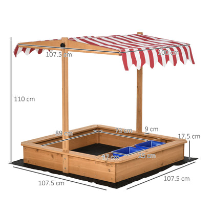 Kids Wooden Sandbox Sand Pit Height Adjustable with Canopy Basins