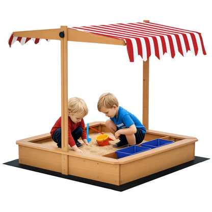 Kids Wooden Sandbox Sand Pit Height Adjustable with Canopy Basins