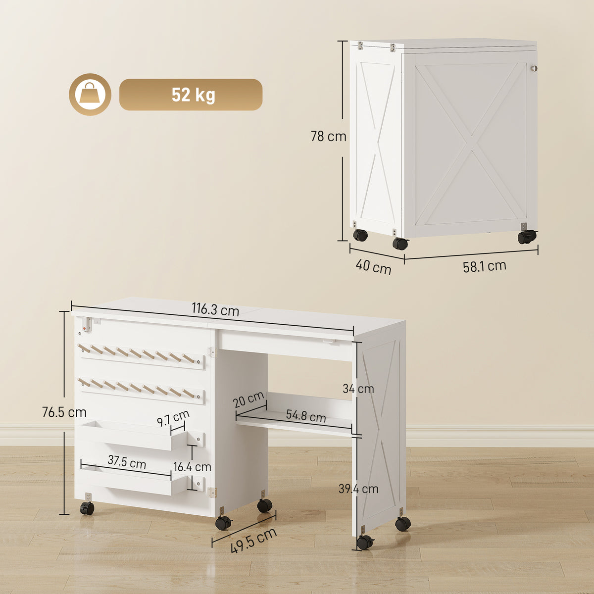 Folding Sewing Table, Craft Table with Storage compartments, White