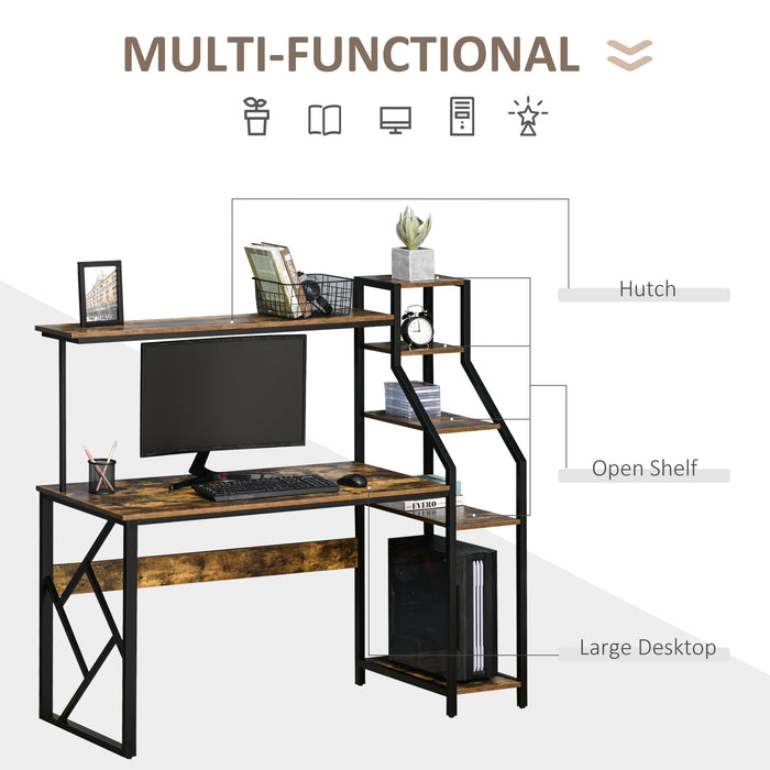 Computer Desk with Shelves Home Office Study Table with 6 Tier Storage Industrial Workstation for Small Spaces Rustic Brown