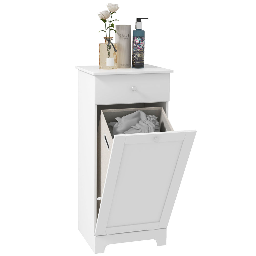 Bathroom Cabinet with Folding Laundry Hamper and Drawer, White