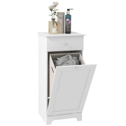 Bathroom Cabinet with Folding Laundry Hamper and Drawer, White