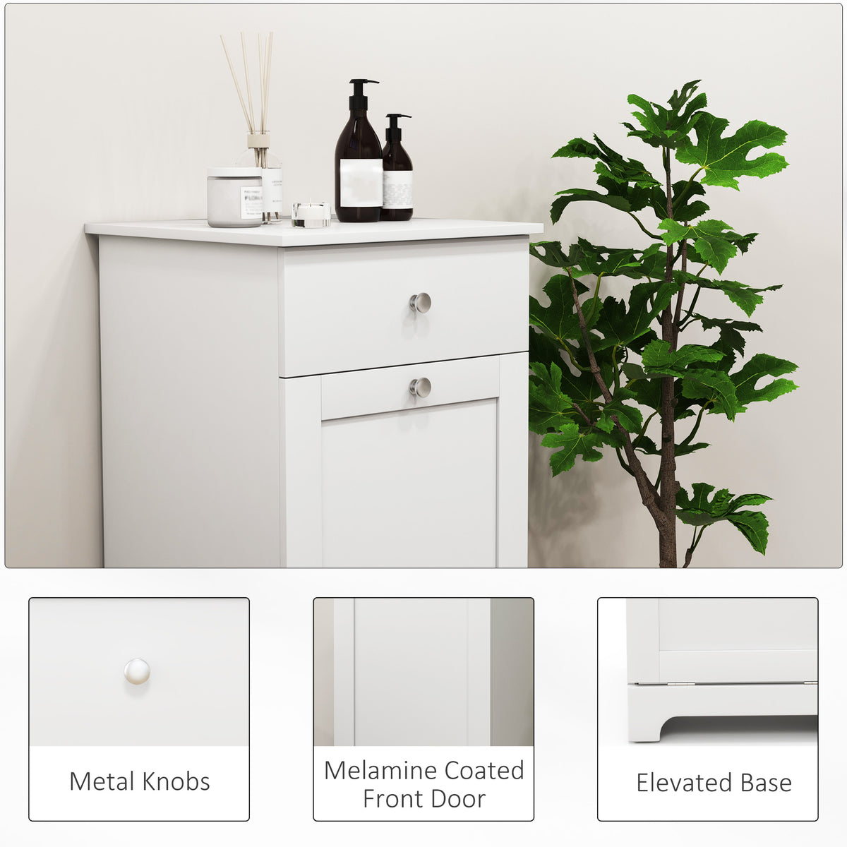 Bathroom Cabinet with Folding Laundry Hamper and Drawer, White